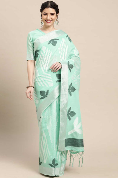 Buy Kimberly Sea Green Geometric Design Blended Cotton One Minute Saree Online - One Minute Saree
