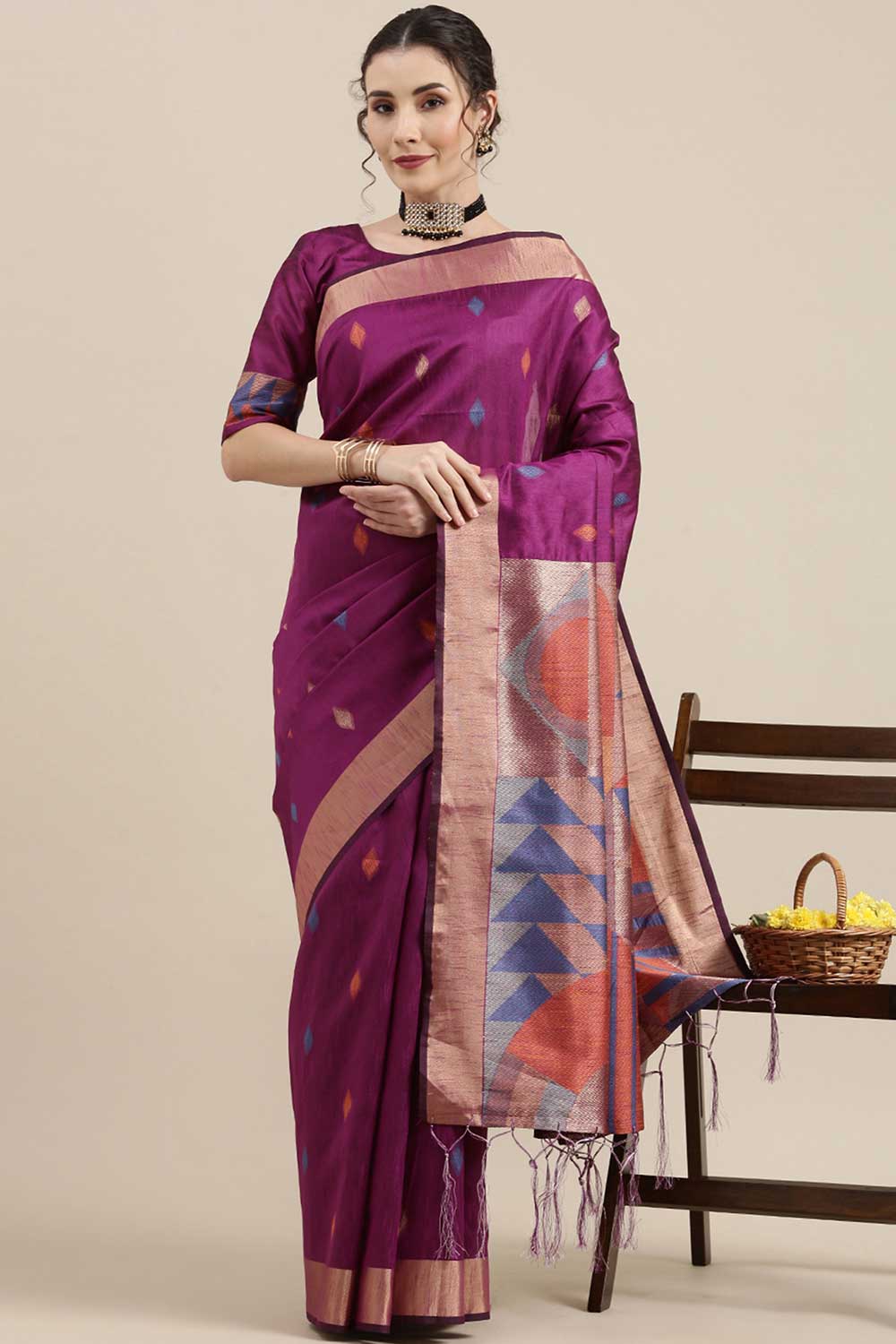 Buy Maggie Magenta Banarasi Cotton Silk One Minute Saree Online
