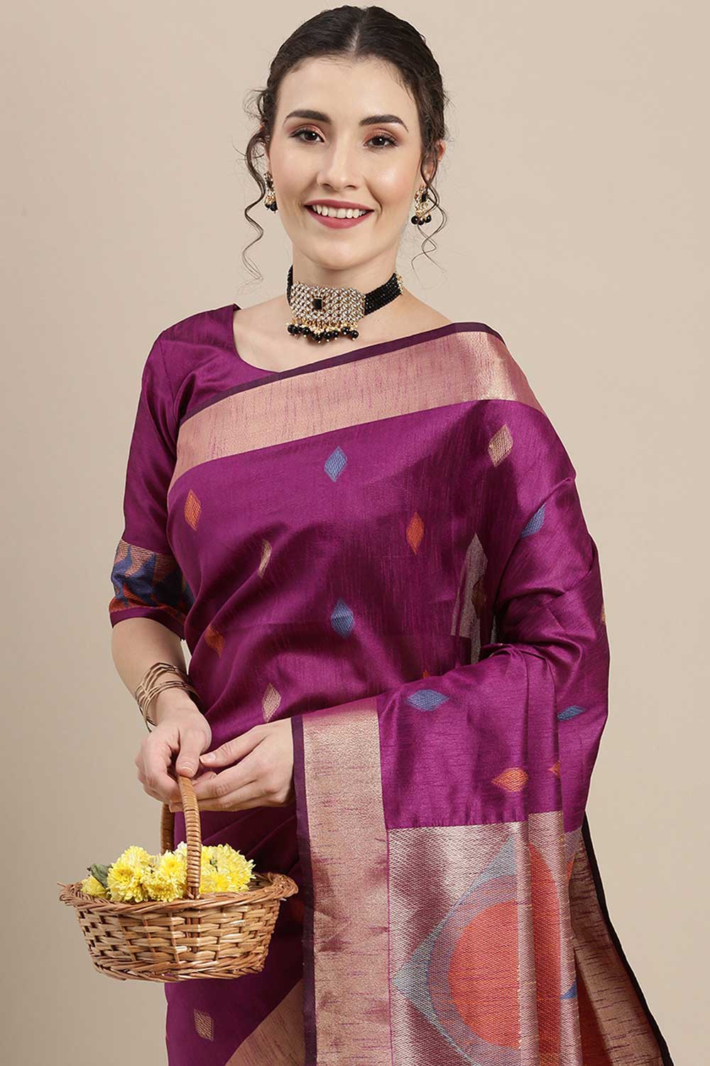 Buy Maggie Magenta Banarasi Cotton Silk One Minute Saree Online - Back