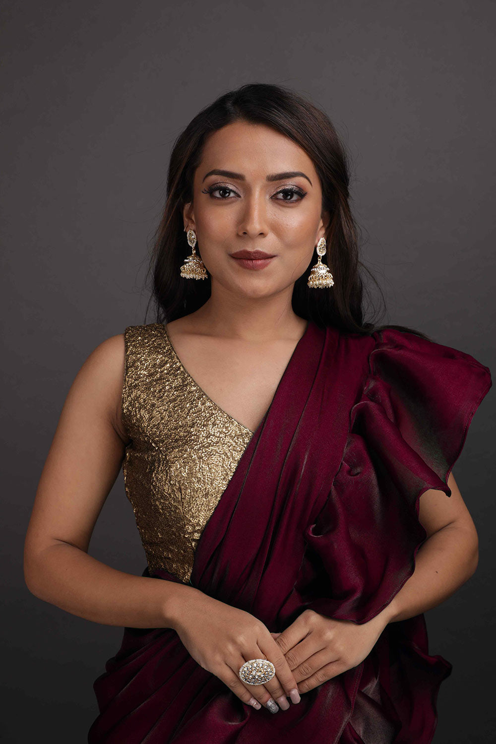 Shop Maya Mulberry Tissue Organza Ruffle One Minute Saree at best offer at our  Store - One Minute Saree