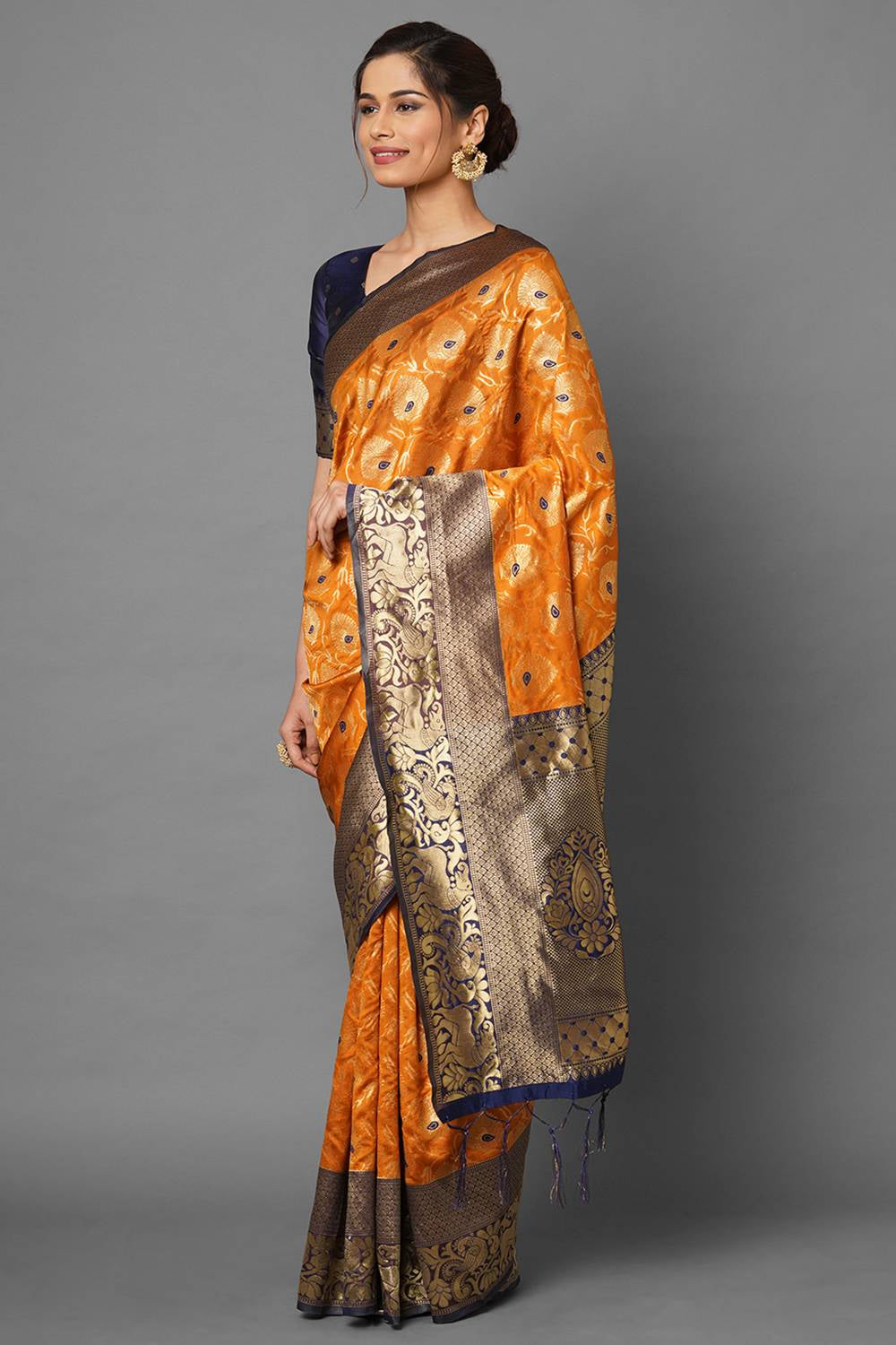 Buy Sophia Mustard Woven Silk Blend One Minute Saree Online - Front