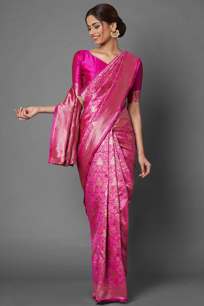 Buy Maya Pink Woven Silk Blend One Minute Saree Online - One Minute Saree