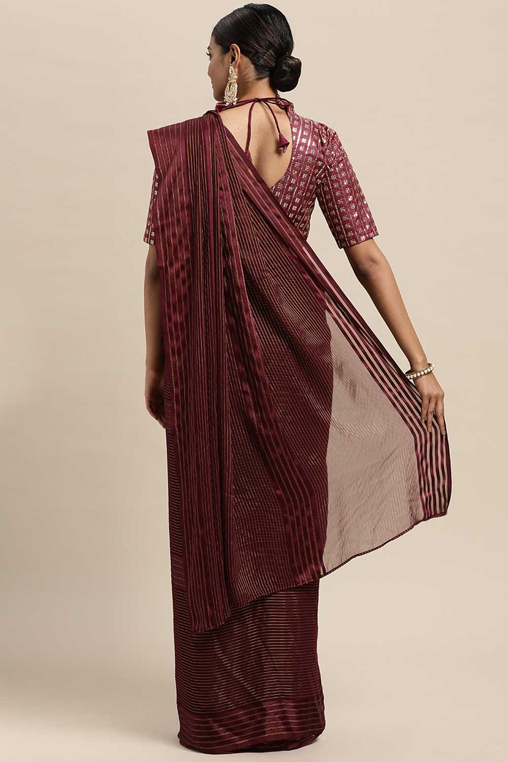 Shop Jules Burgundy Striped Georgette One Minute Saree at best offer at our  Store - One Minute Saree