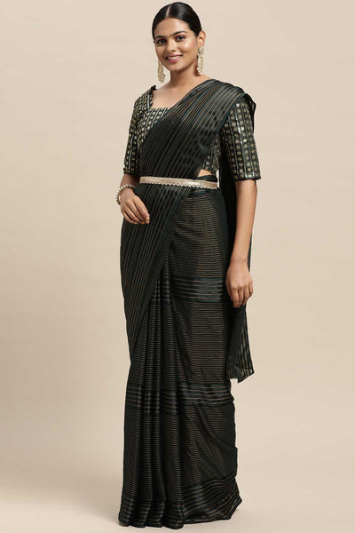 Buy Megha Black Striped Georgette One Minute Saree Online