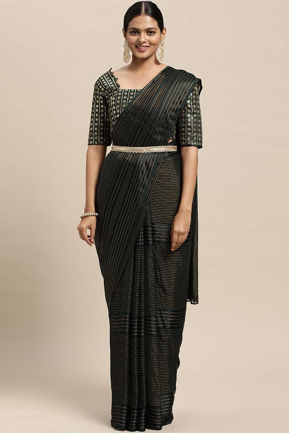 Buy Megha Black Striped Georgette One Minute Saree Online - One Minute Saree