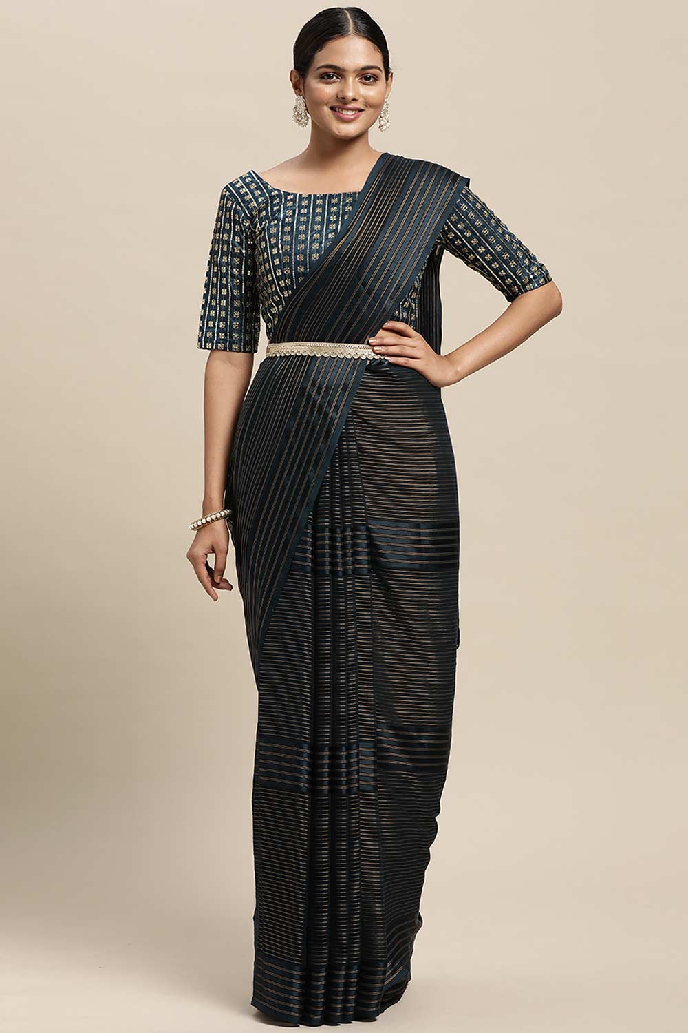 Buy Viv Teal Blue Georgette Striped One Minute Saree Online - One Minute Saree