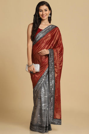 Buy Anila Dark Red Zari Woven Lycra One Minute Saree Online - One Minute Saree