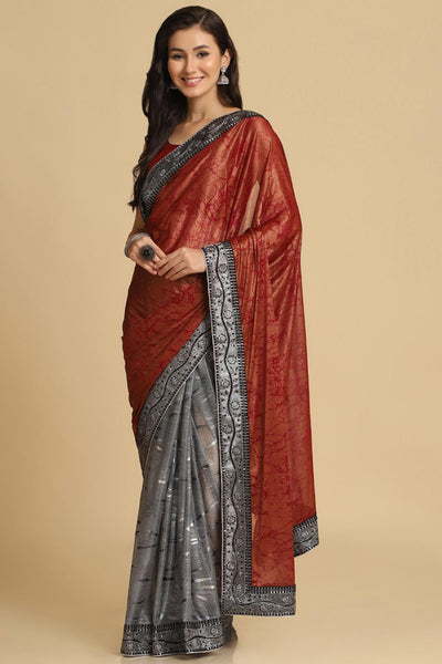 Buy Dark Red Zari Woven Lycra One Minute Saree Online - Zoom Out