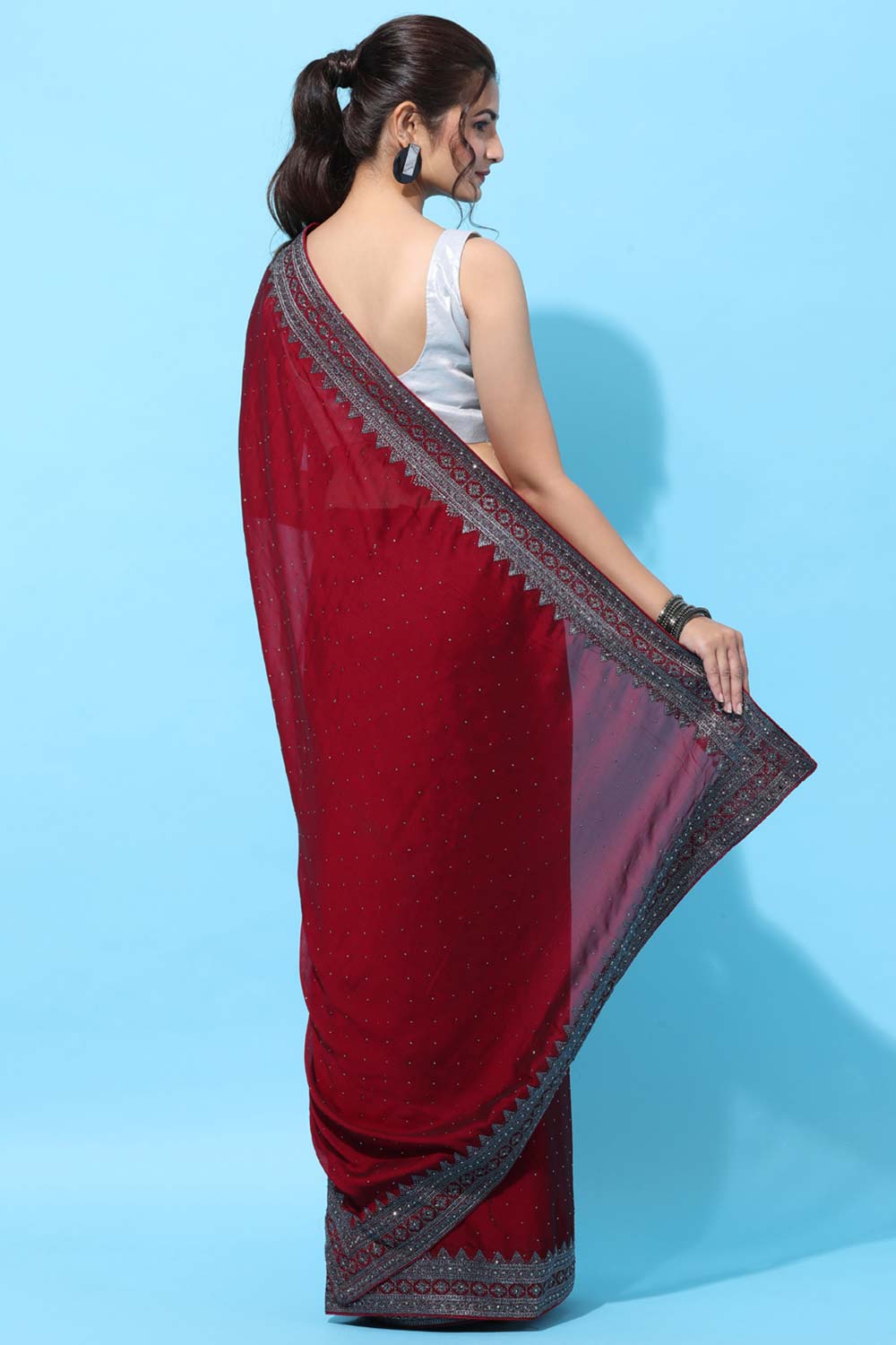 Shop Pia Burgundy Stone Embroidered Art Silk One Minute Saree at best offer at our  Store - One Minute Saree