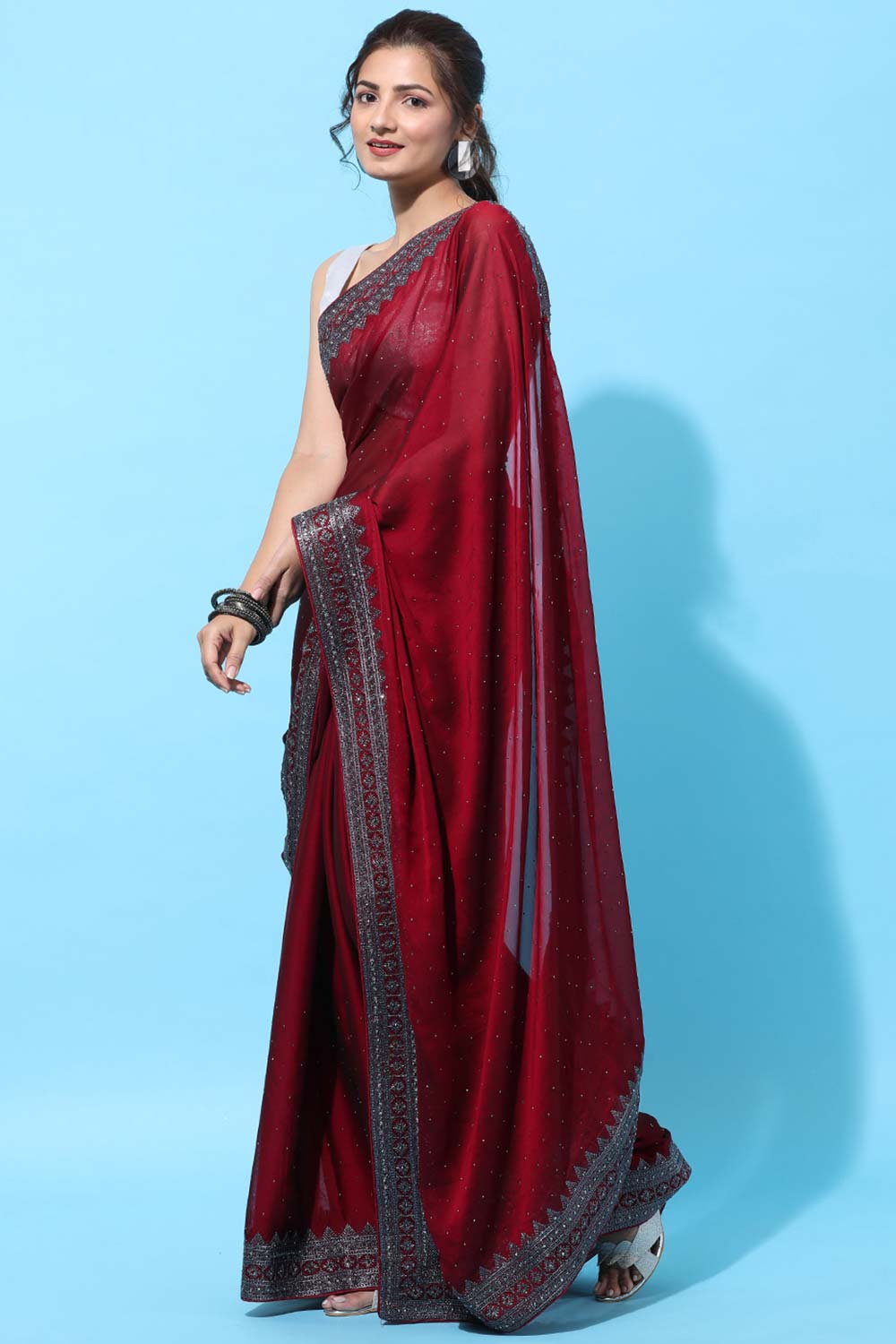 Buy Pia Burgundy Stone Embroidered Art Silk One Minute Saree Online