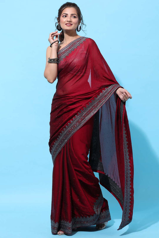 Buy Pia Burgundy Stone Embroidered Art Silk One Minute Saree Online - One Minute Saree