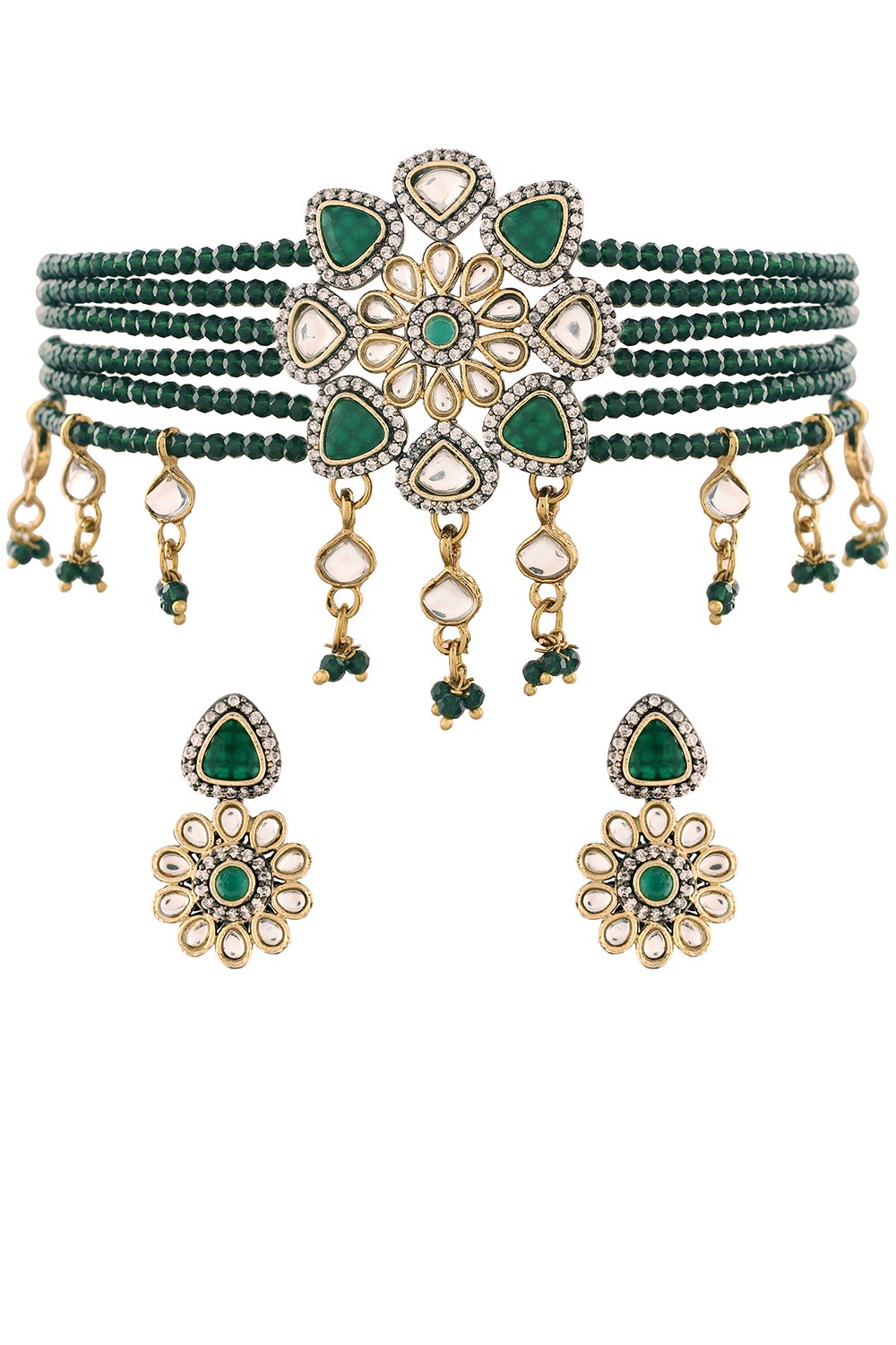 Shop Lena Green Stone Necklace & Earrings Set at best offer at our  Store - One Minute Saree