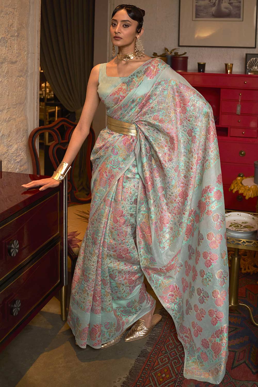 Buy Trina Turquoise Art Silk Floral Design One Minute Saree Online - One Minute Saree