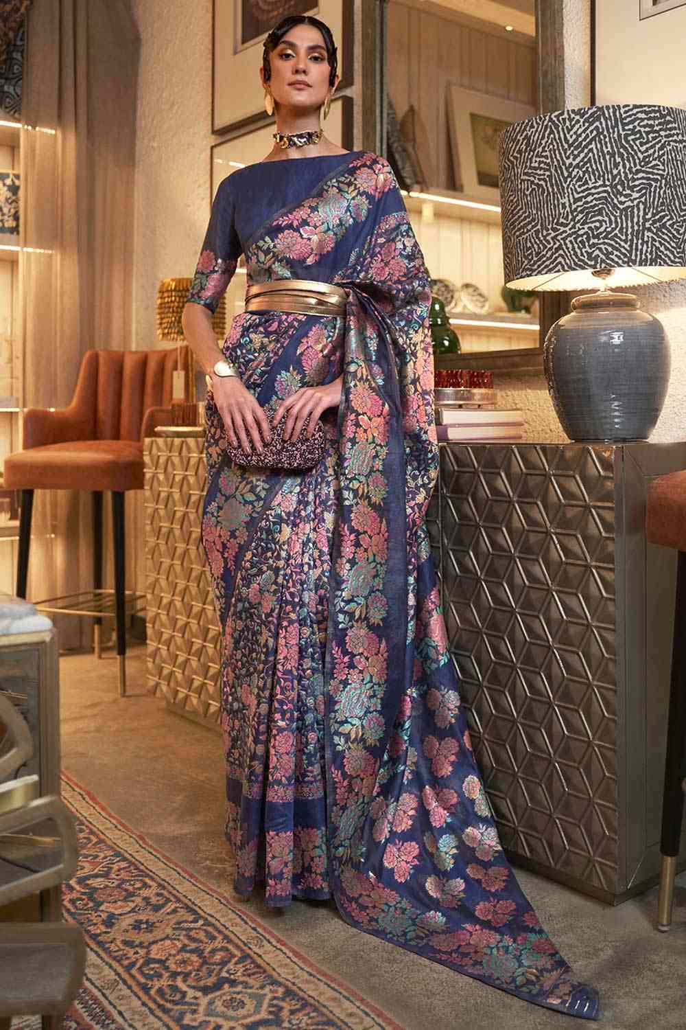 Buy Arielle Navy Blue Art Silk Floral Design One Minute Saree Online - One Minute Saree