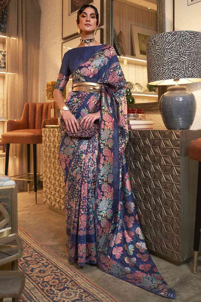 Buy Navy Blue Art Silk Floral Design One Minute Saree Online