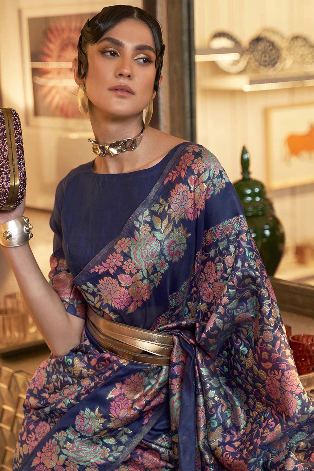 Shop Arielle Navy Blue Art Silk Floral Design One Minute Saree at best offer at our  Store - One Minute Saree