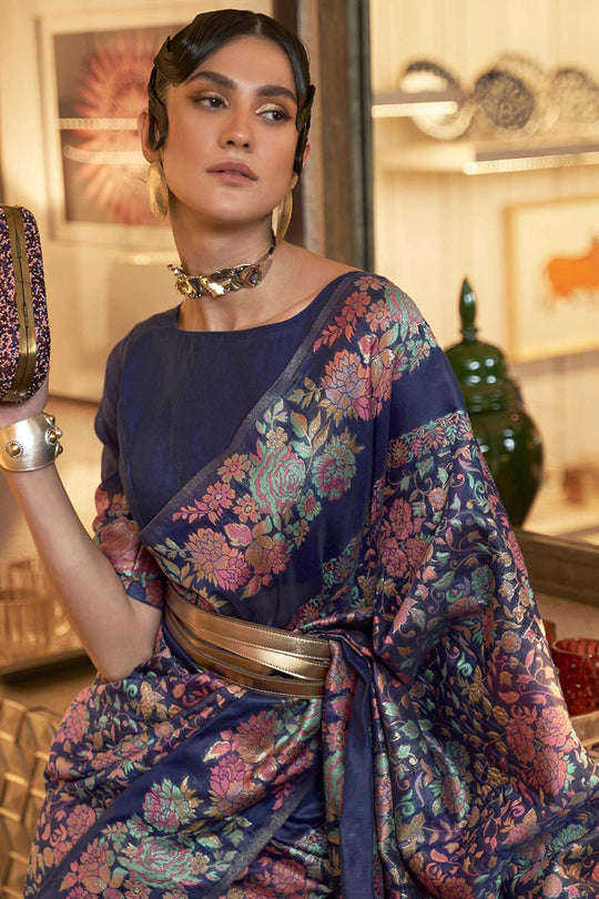 Shop Arielle Navy Blue Art Silk Floral Design One Minute Saree at best offer at our  Store - One Minute Saree