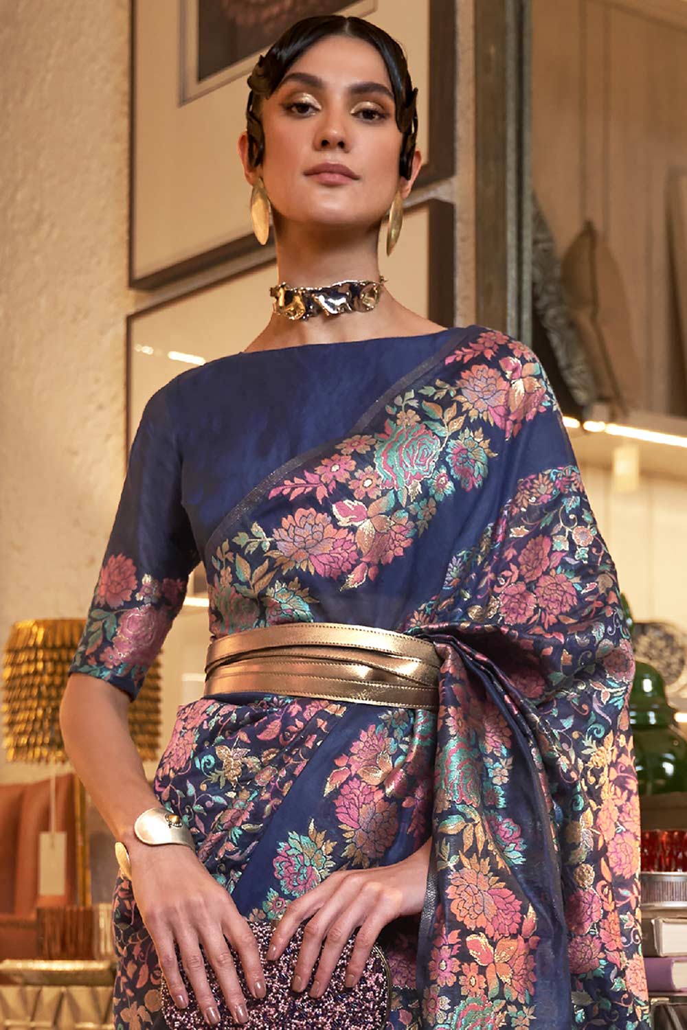 Buy Arielle Navy Blue Art Silk Floral Design One Minute Saree Online