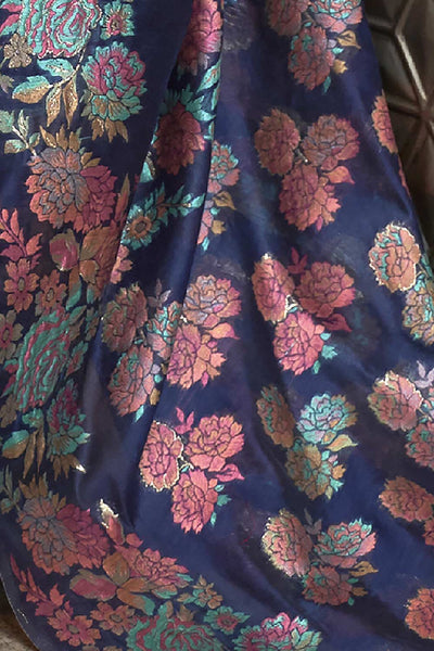 Buy Arielle Navy Blue Art Silk Floral Design One Minute Saree Online - Back