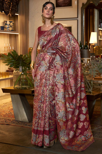 Buy Sheena Burgundy Art Silk Floral Design One Minute Saree Online - One Minute Saree