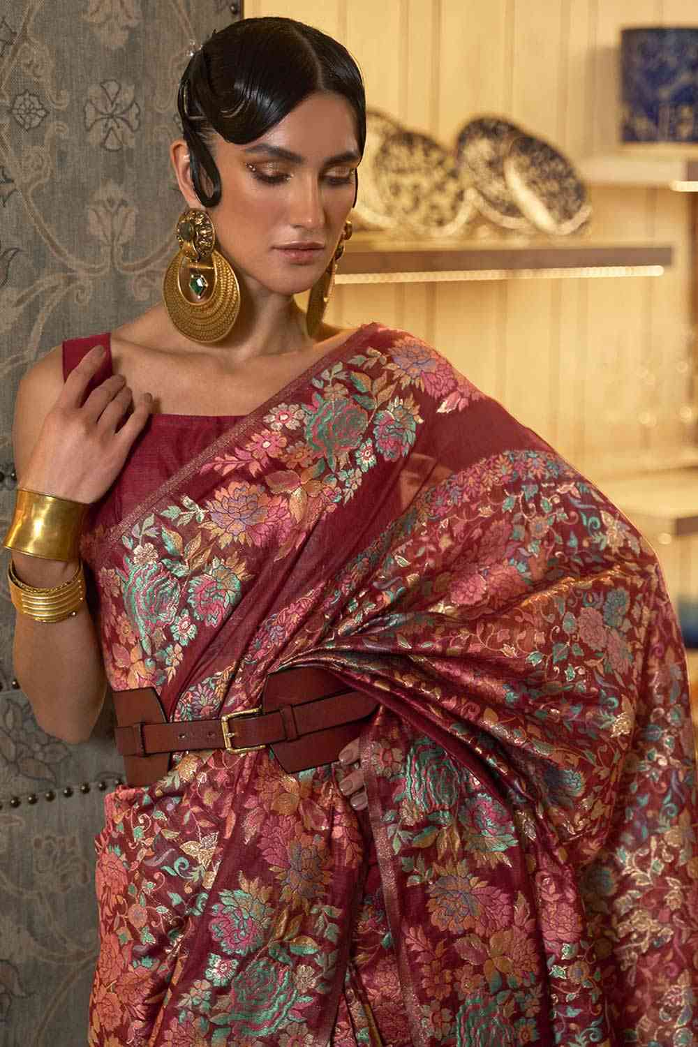 Shop Sheena Burgundy Art Silk Floral Design One Minute Saree at best offer at our  Store - One Minute Saree