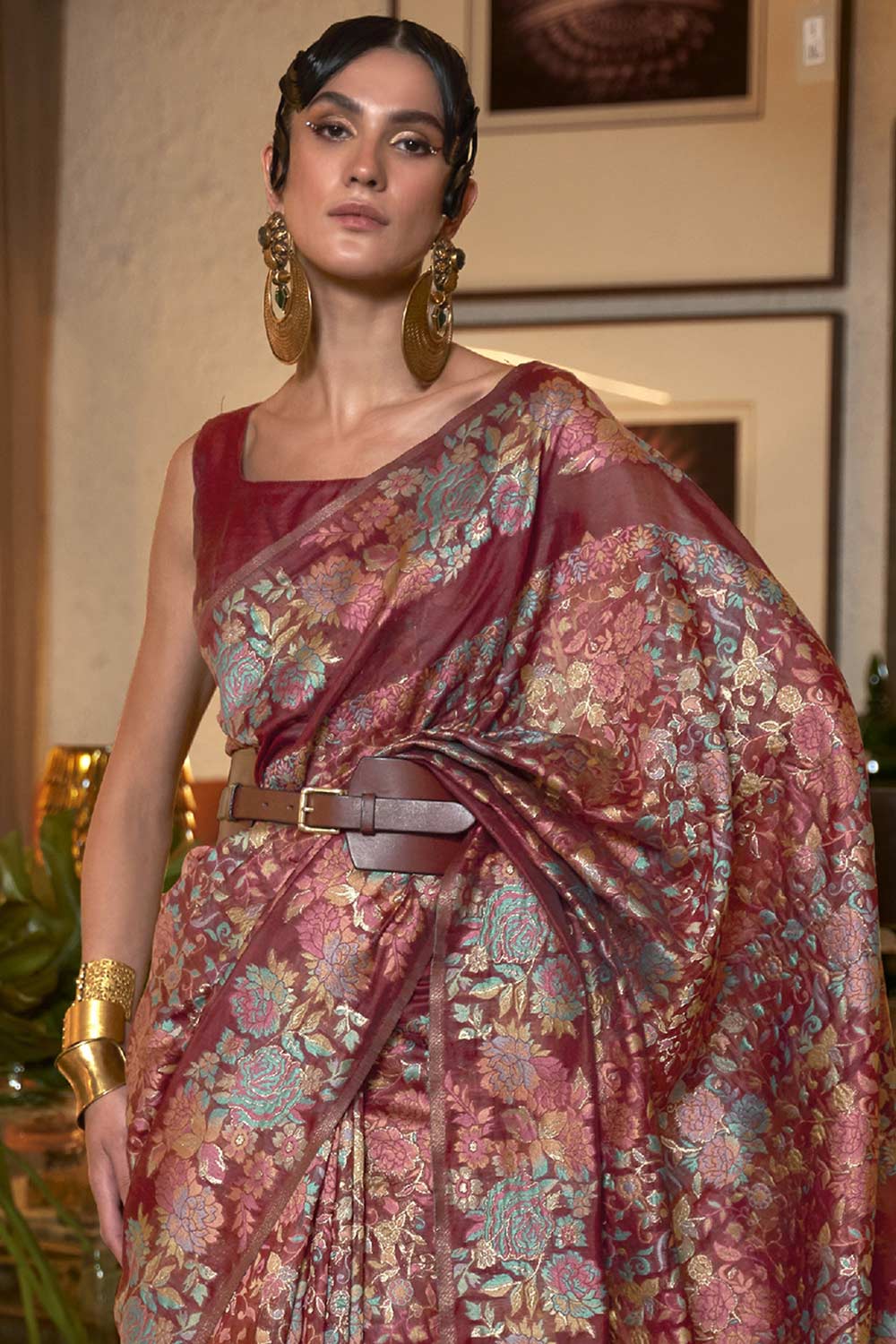Buy Sheena Burgundy Art Silk Floral Design One Minute Saree Online