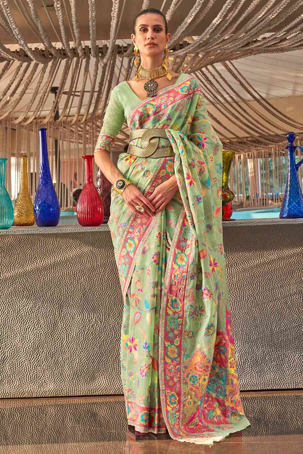 Buy Fiora Green Art Silk Botanical Design One Minute Saree Online - One Minute Saree