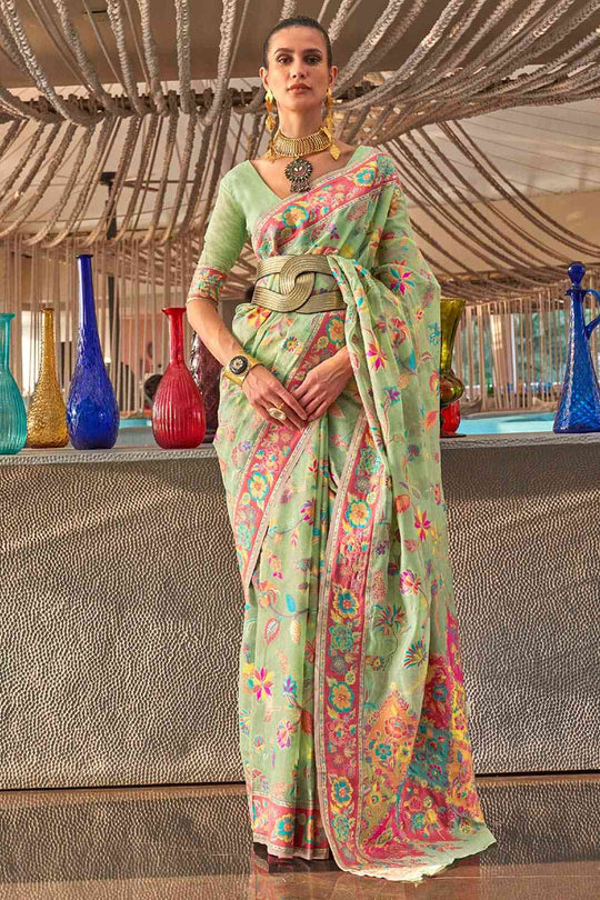 Buy Fiora Green Art Silk Botanical Design One Minute Saree Online - One Minute Saree