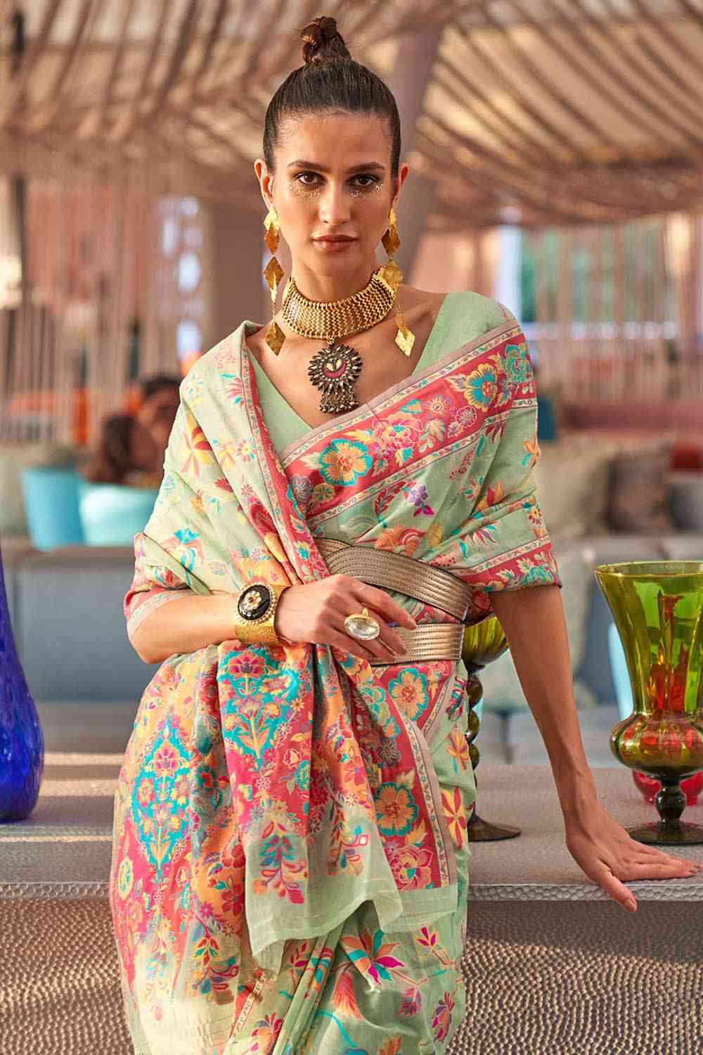 Shop Fiora Green Art Silk Botanical Design One Minute Saree at best offer at our  Store - One Minute Saree