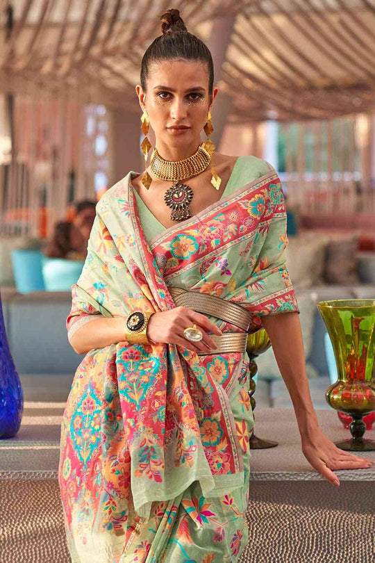 Shop Fiora Green Art Silk Botanical Design One Minute Saree at best offer at our  Store - One Minute Saree