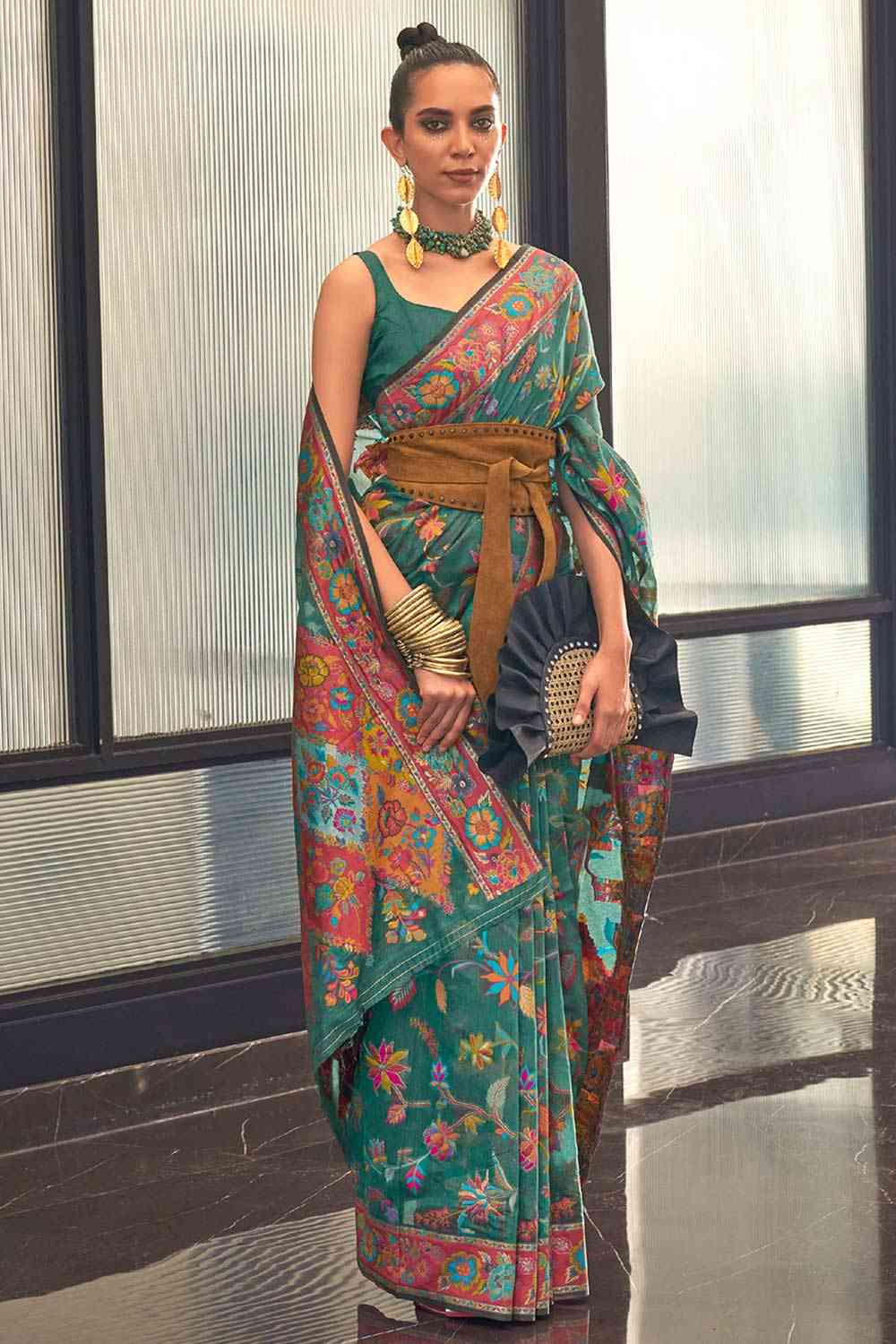 Buy Esha Teal Blue Art Silk Botanical Design One Minute Saree Online - One Minute Saree