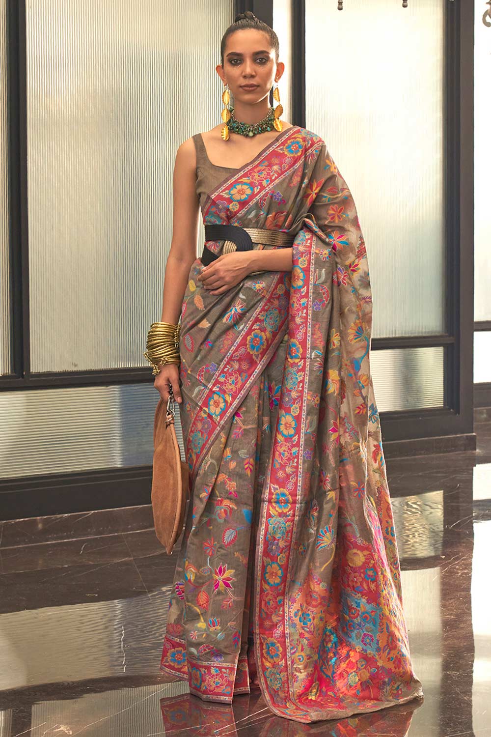 Buy Anika Charcoal Grey Art Silk Botanical Design One Minute Saree Online - One Minute Saree