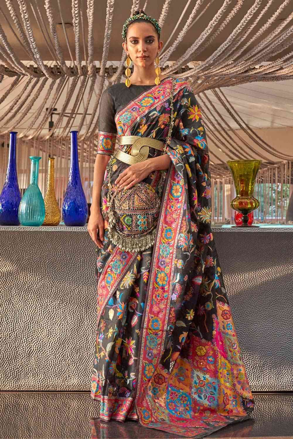 Buy Rani Black Art Silk Botanical Design One Minute Saree Online - One Minute Saree