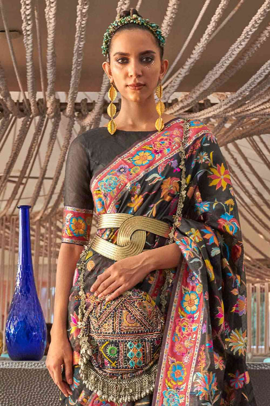 Buy Rani Black Art Silk Botanical Design One Minute Saree Online