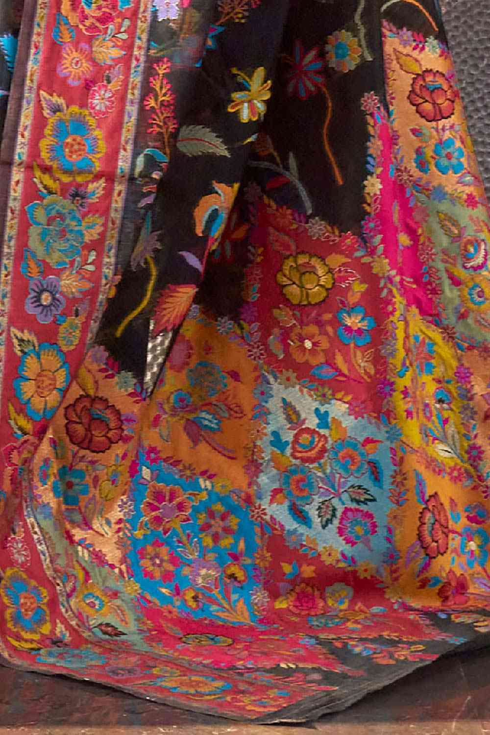 Buy Rani Black Art Silk Botanical Design One Minute Saree Online - Back