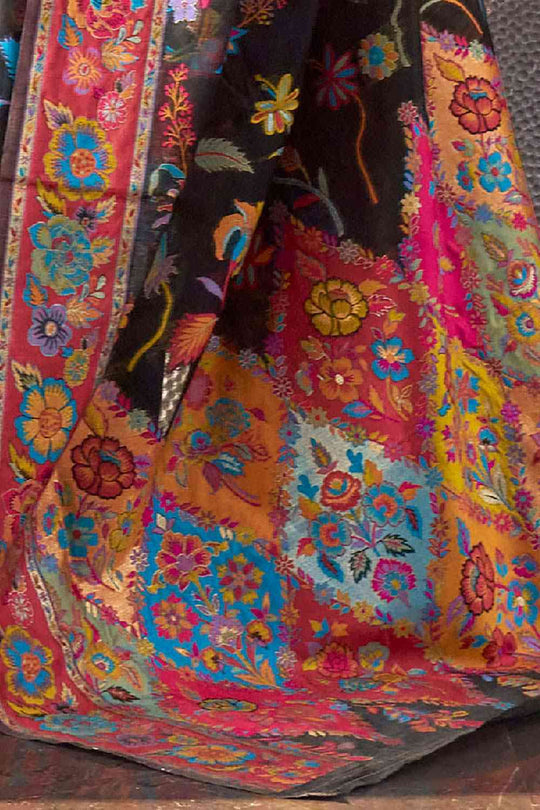 Buy Rani Black Art Silk Botanical Design One Minute Saree Online - Back