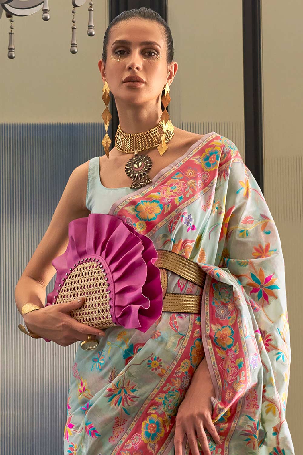 Buy Sila Blue Art Silk Botanical Design One Minute Saree Online