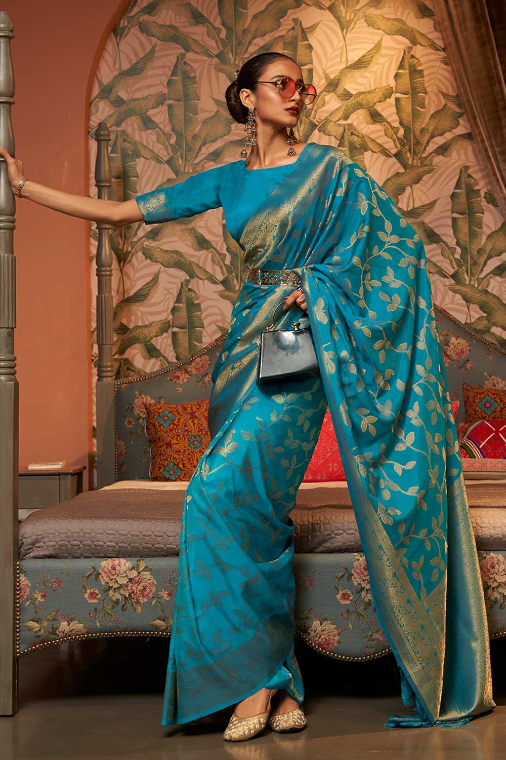 Buy Gia Blue Art Silk Kanjivaram One Minute Saree Online - One Minute Saree