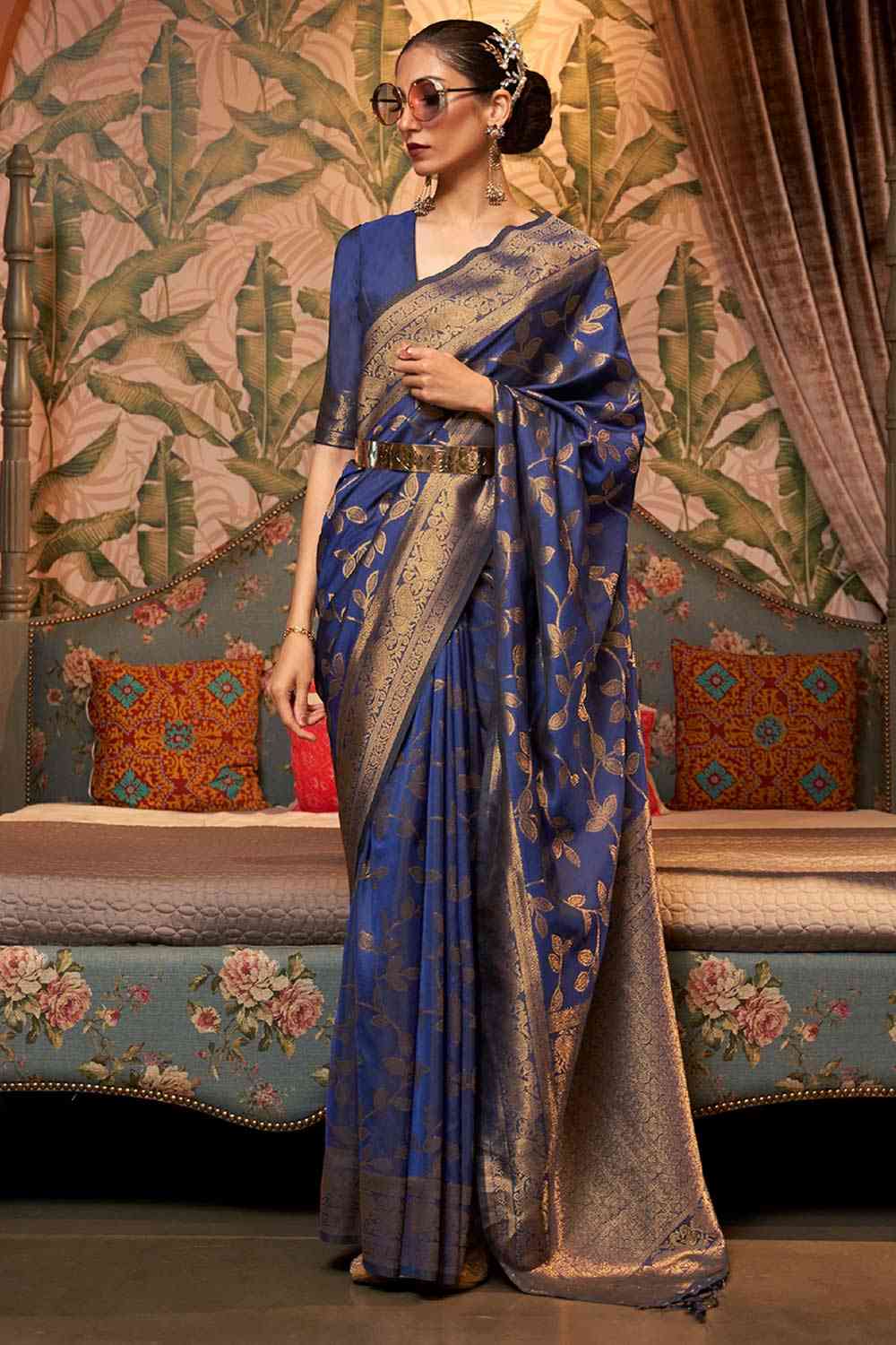 Buy Drew Navy Blue Art Silk Kanjivaram One Minute Saree Online - One Minute Saree