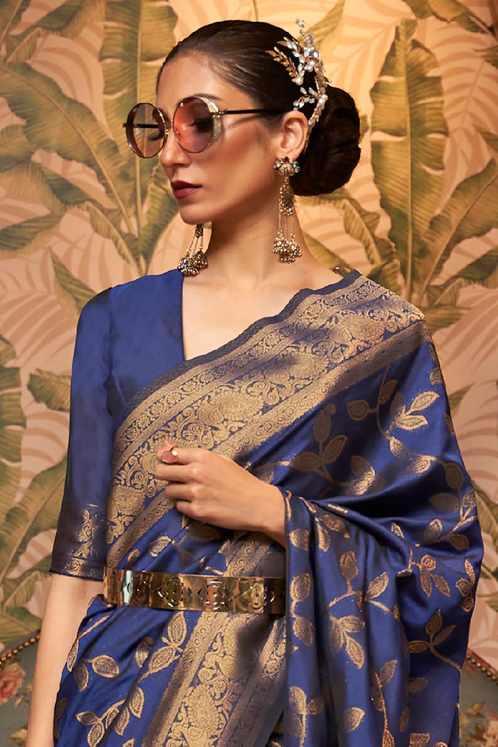 Buy Drew Navy Blue Art Silk Kanjivaram One Minute Saree Online