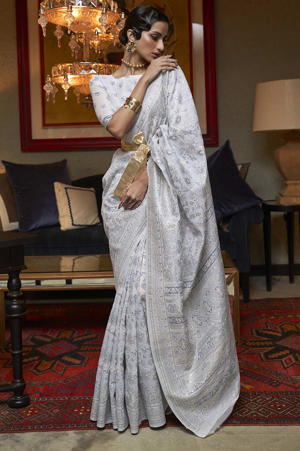 Buy Nutan Grey Art Silk Floral Banarasi One Minute Saree Online - One Minute Saree