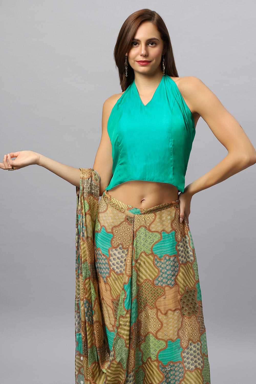 Buy Kaia Halter V-Neck Tie Back Satin Silk Blouse Online - One Minute Saree