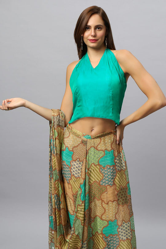 Buy Kaia Halter V-Neck Tie Back Satin Silk Blouse Online - One Minute Saree