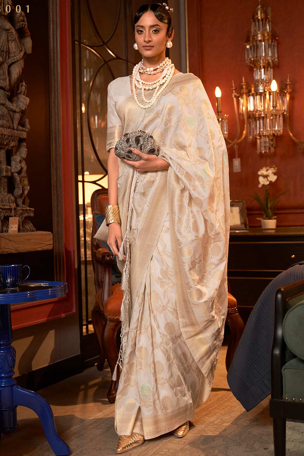 Buy Eden Cream Silk Blend Banarasi One Minute Saree Online - One Minute Saree