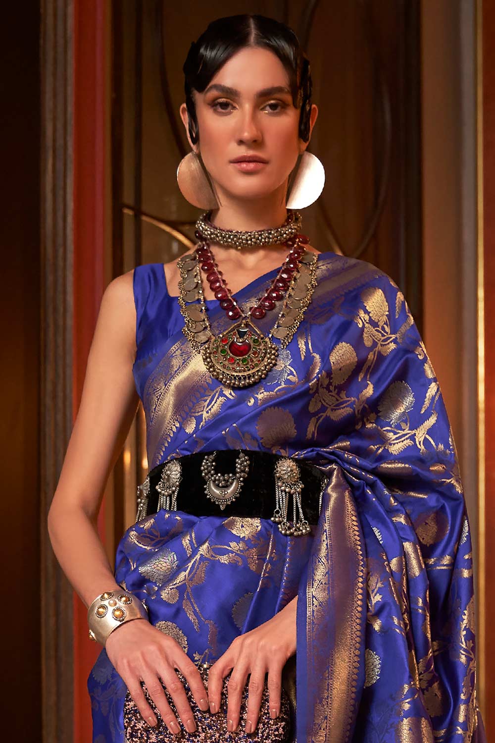 Buy Tory Navy Blue Silk Blend Banarasi One Minute Saree Online
