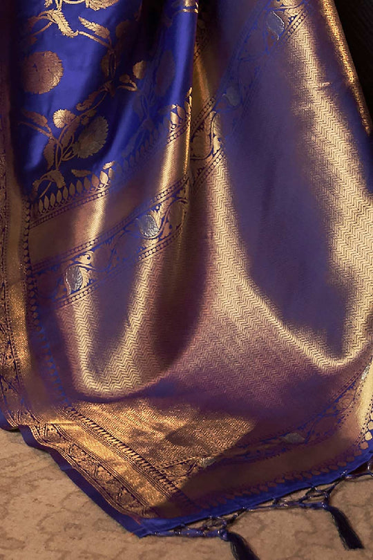 Buy Tory Navy Blue Silk Blend Banarasi One Minute Saree Online - Back