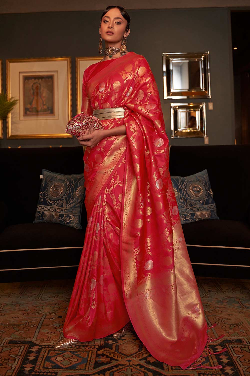 Buy Silia Red Silk Blend Banarasi One Minute Saree Online - One Minute Saree