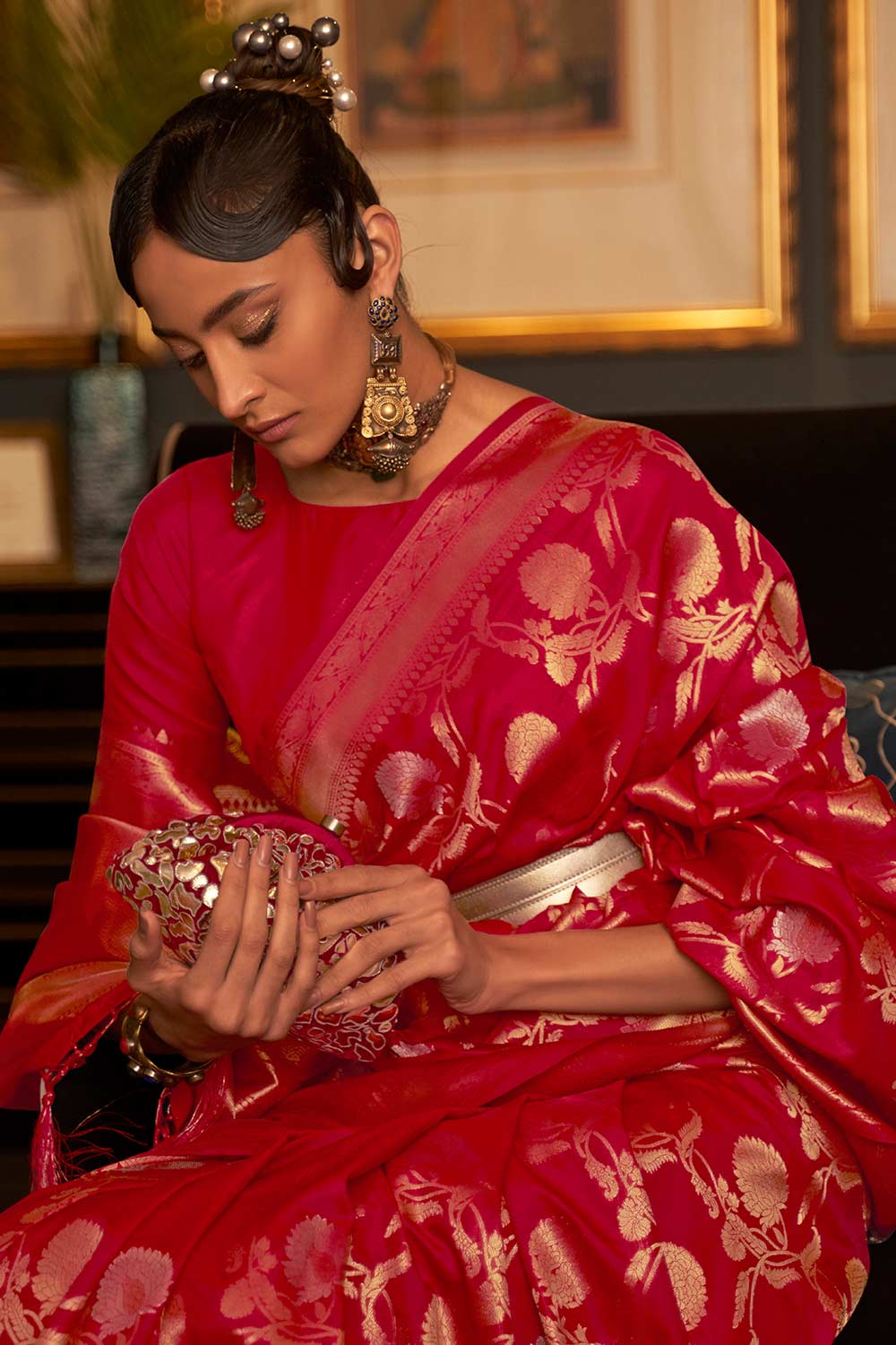 Shop Silia Red Silk Blend Banarasi One Minute Saree at best offer at our  Store - One Minute Saree