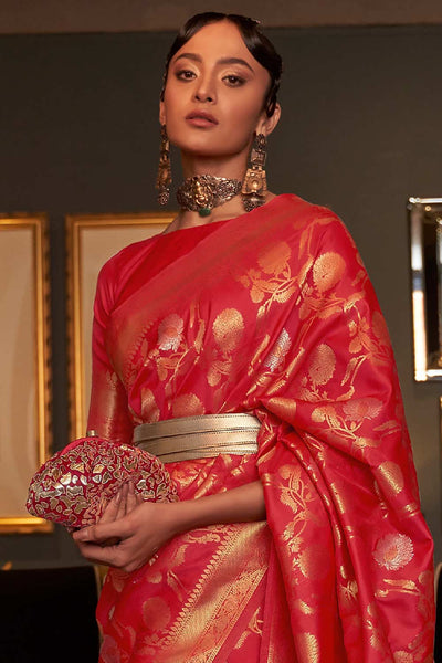 Buy Silia Red Silk Blend Banarasi One Minute Saree Online