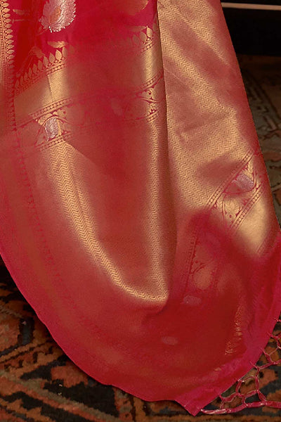 Buy Silia Red Silk Blend Banarasi One Minute Saree Online - Back